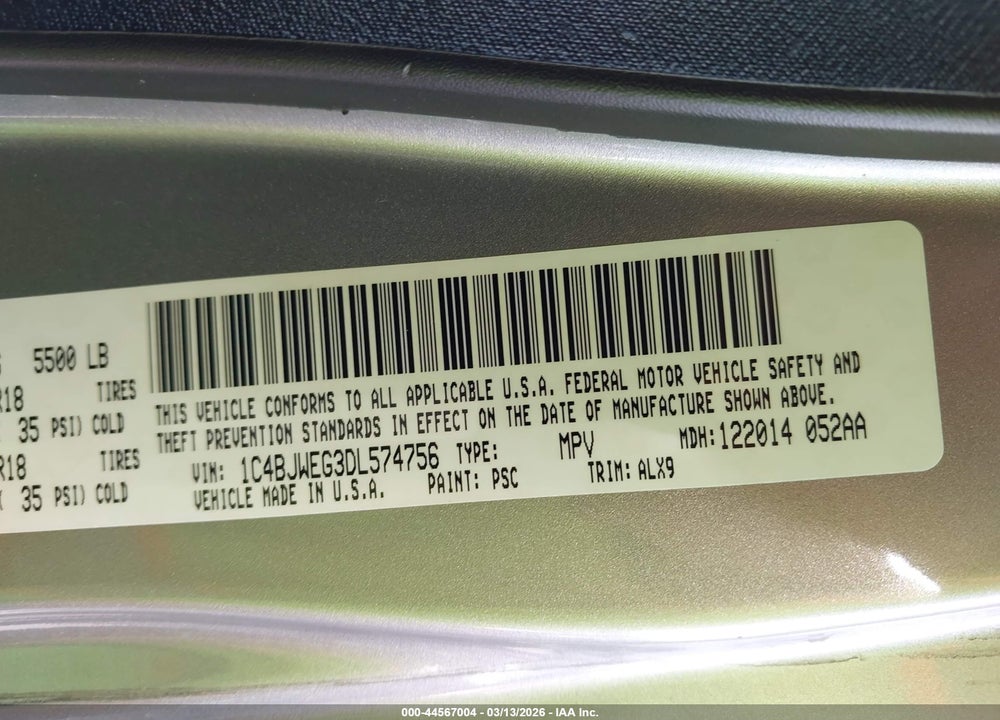 2013 JEEP WRANGLER UNLIMITED SAHARA VIN: 1C4BJWEG3DL574756