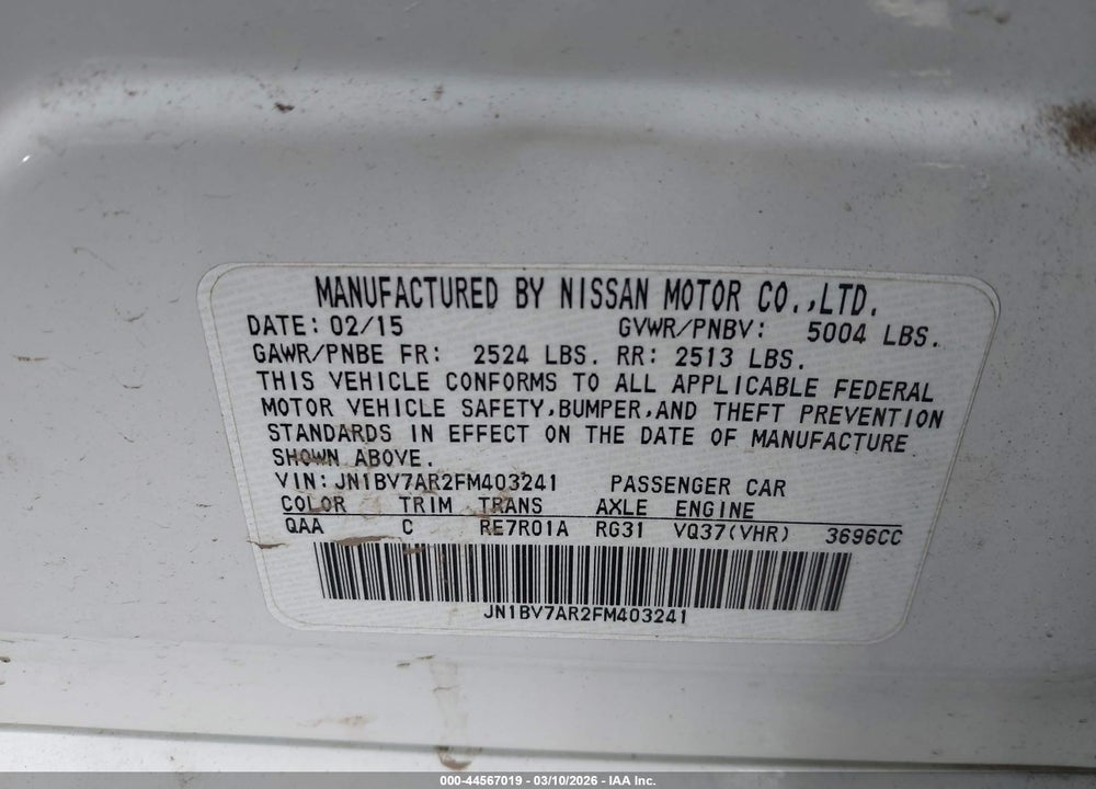 2015 INFINITI Q50 PREMIUM VIN: JN1BV7AR2FM403241