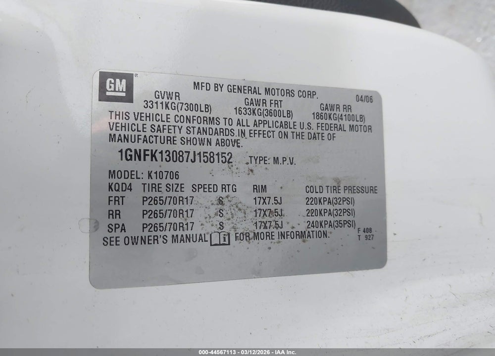 2007 CHEVROLET TAHOE LT VIN: 1GNFK13087J158152