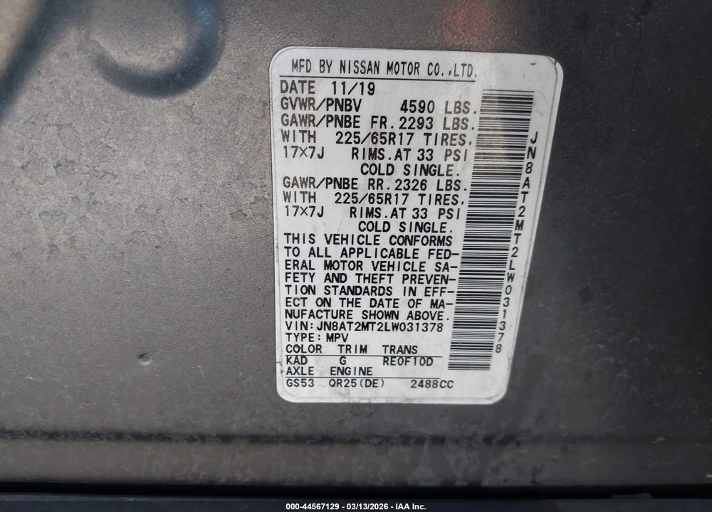 2020 NISSAN ROGUE S FWD VIN: JN8AT2MT2LW031378