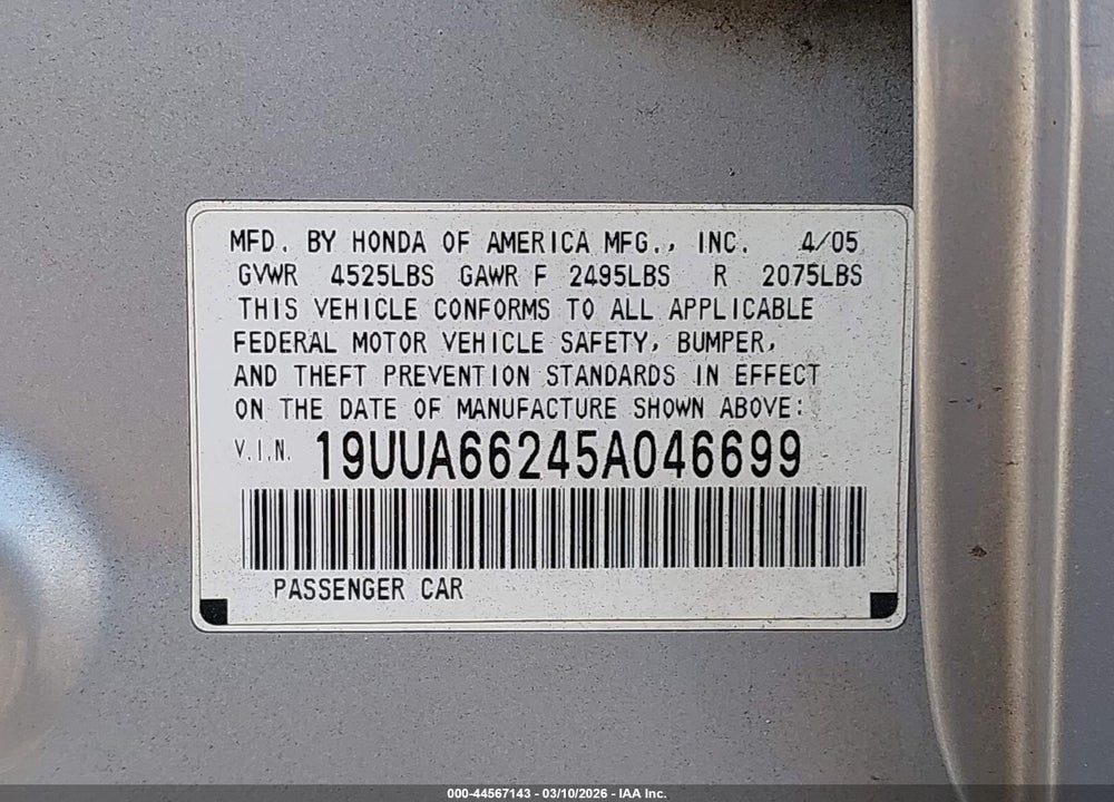 2005 ACURA TL VIN: 19UUA66245A046699