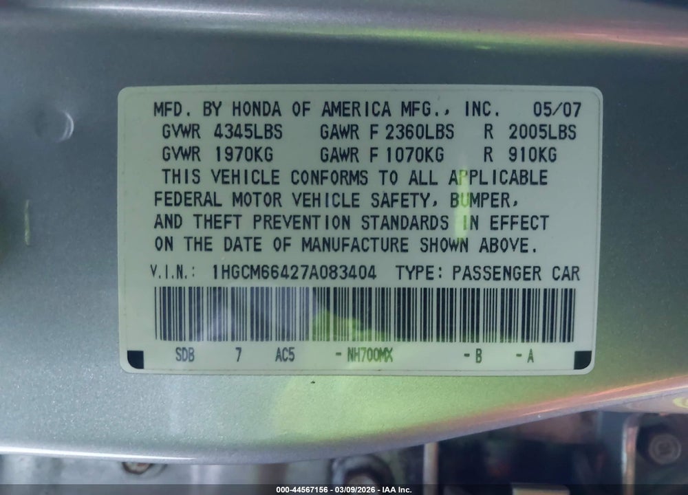 2007 HONDA ACCORD 3.0 SE VIN: 1HGCM66427A083404