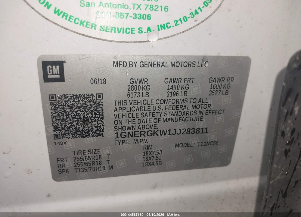 2018 CHEVROLET TRAVERSE 1LT VIN: 1GNERGKW1JJ283811