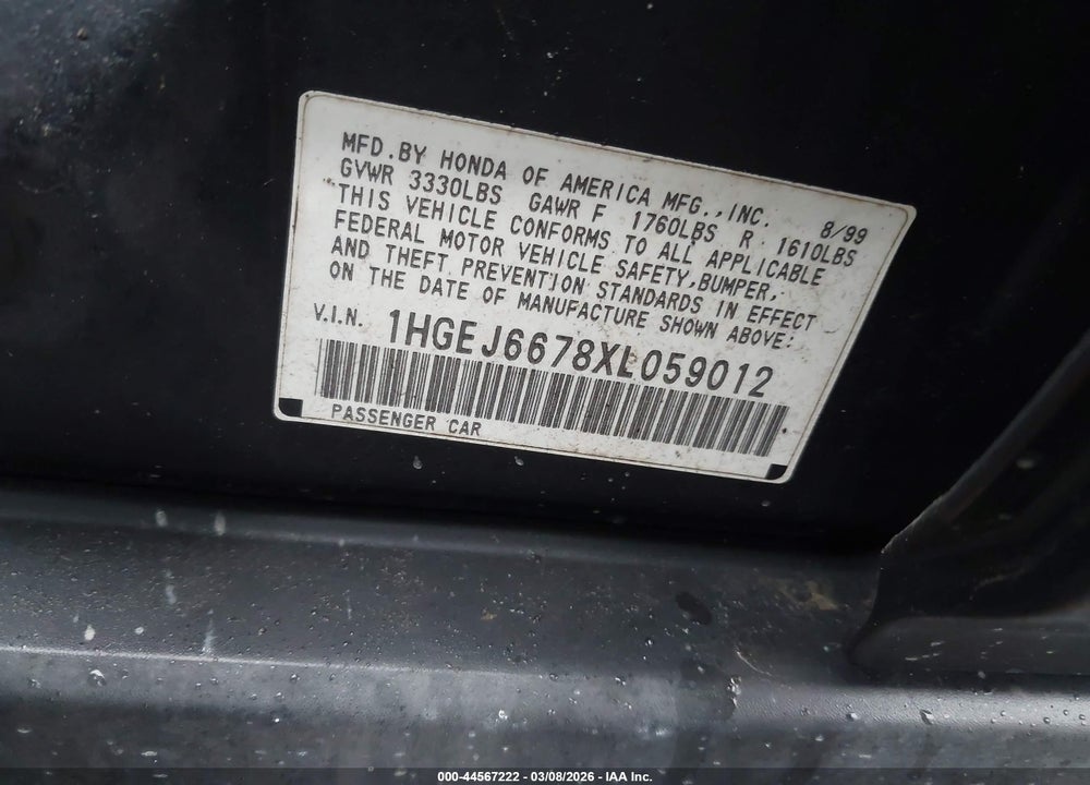 1999 HONDA CIVIC LX VIN: 1HGEJ6678XL059012