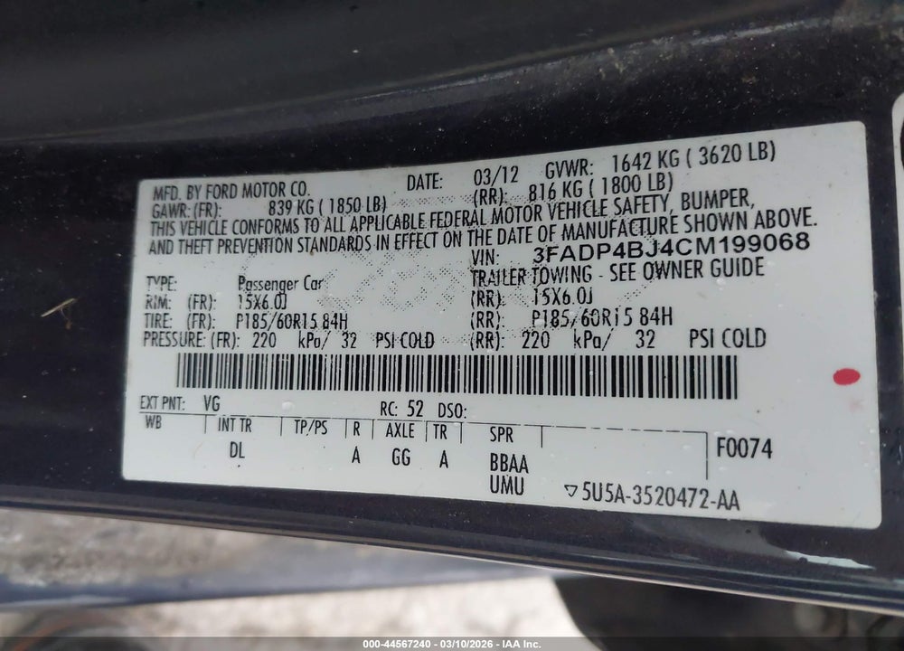 2012 FORD FIESTA SE VIN: 3FADP4BJ4CM199068
