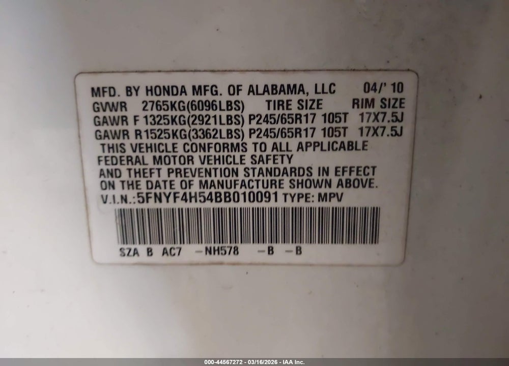 2011 HONDA PILOT EX-L VIN: 5FNYF4H54BB010091