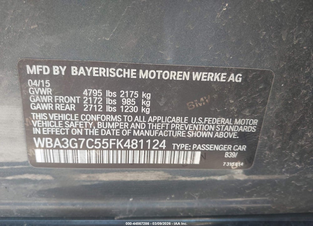 2015 BMW 328I XDRIVE VIN: WBA3G7C55FK481124