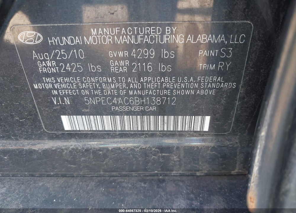 2011 HYUNDAI SONATA LIMITED VIN: 5NPEC4AC6BH138712