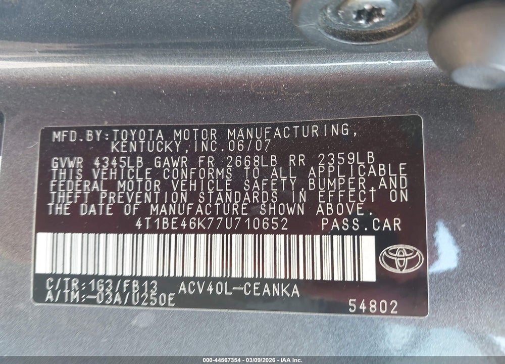 2007 TOYOTA CAMRY LE VIN: 4T1BE46K77U710652
