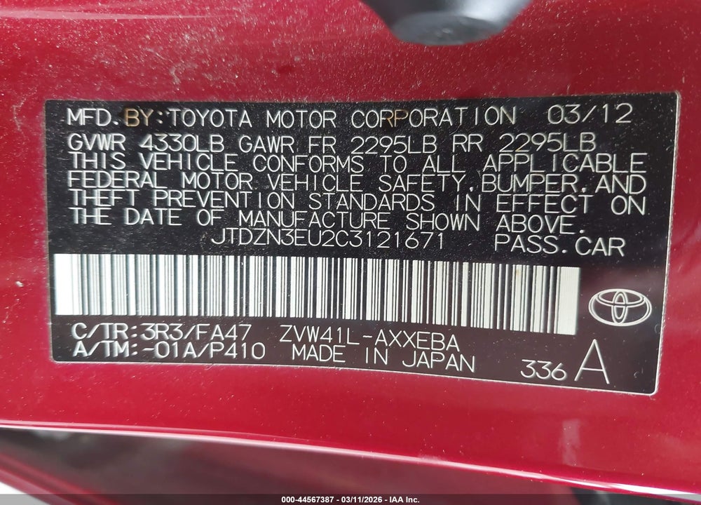 2012 TOYOTA PRIUS V VIN: JTDZN3EU2C3121671