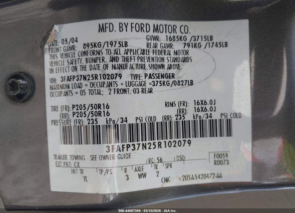 2005 FORD FOCUS ZX5 VIN: 3FAFP37N25R102079