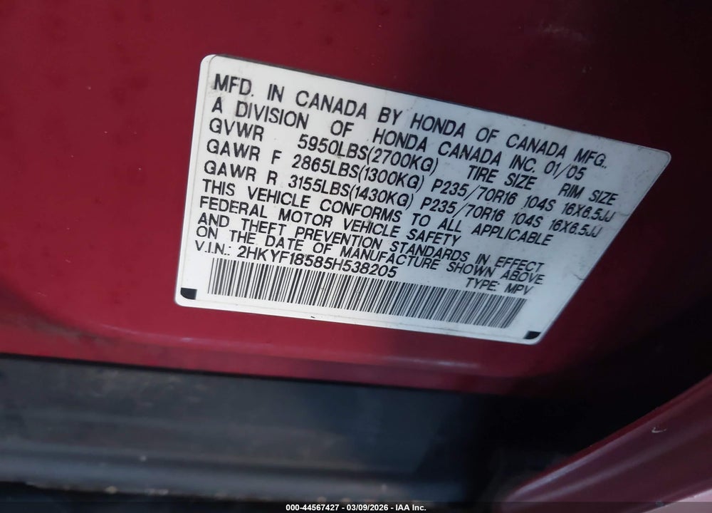 2005 HONDA PILOT EX-L VIN: 2HKYF18585H538205