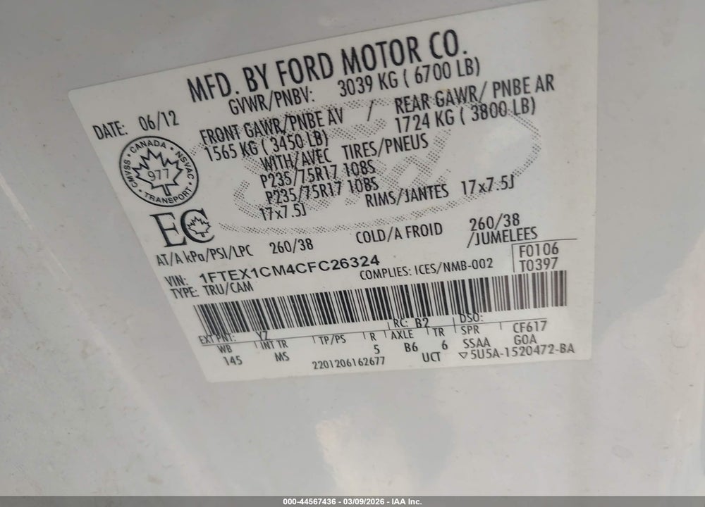 2012 FORD F-150 XLT VIN: 1FTEX1CM4CFC26324