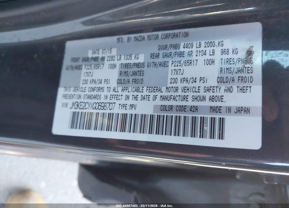 2016 MAZDA CX-5 TOURING VIN: JM3KE2CYXG0698707