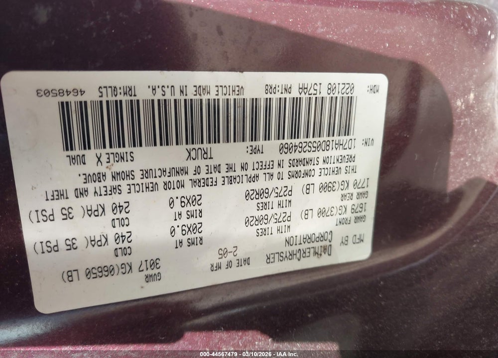 2005 DODGE RAM 1500 SLT/LARAMIE VIN: 1D7HA18D05S264060