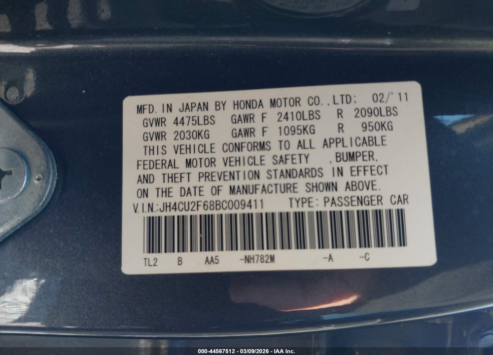 2011 ACURA TSX 2.4 VIN: JH4CU2F68BC009411
