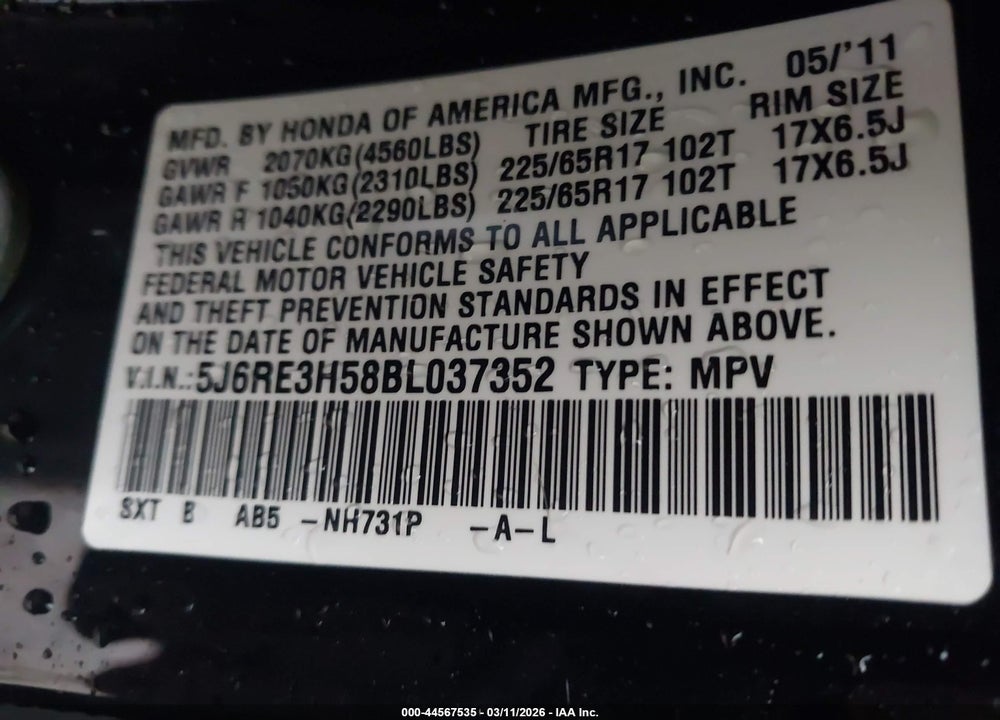 2011 HONDA CR-V EX VIN: 5J6RE3H58BL037352