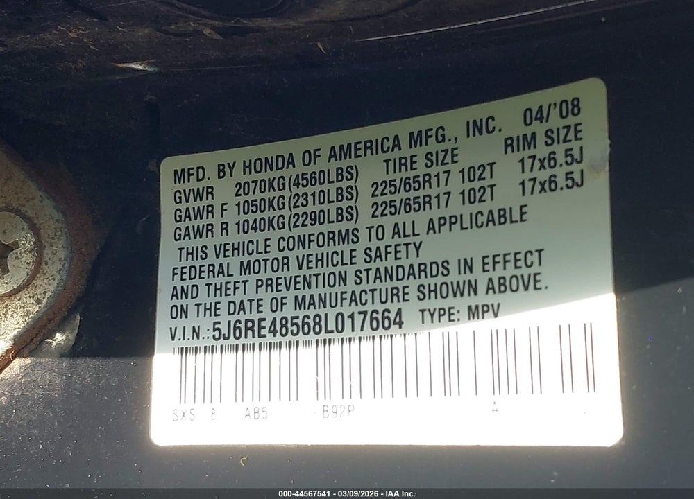 2008 HONDA CR-V EX VIN: 5J6RE48568L017664