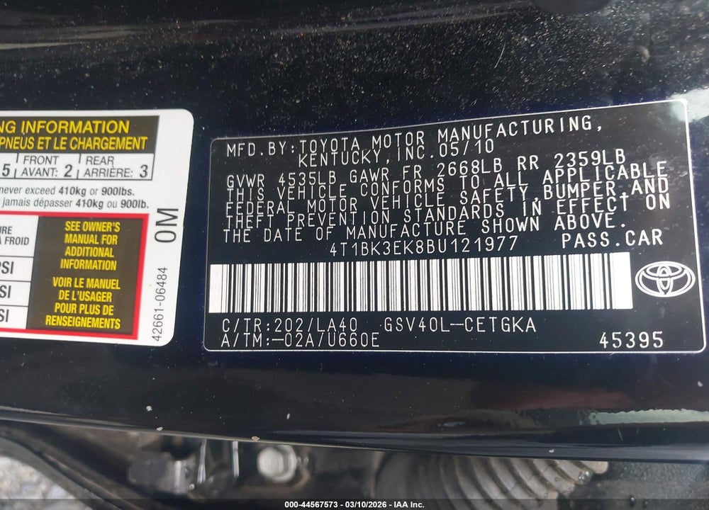 2011 TOYOTA CAMRY XLE V6 VIN: 4T1BK3EK8BU121977