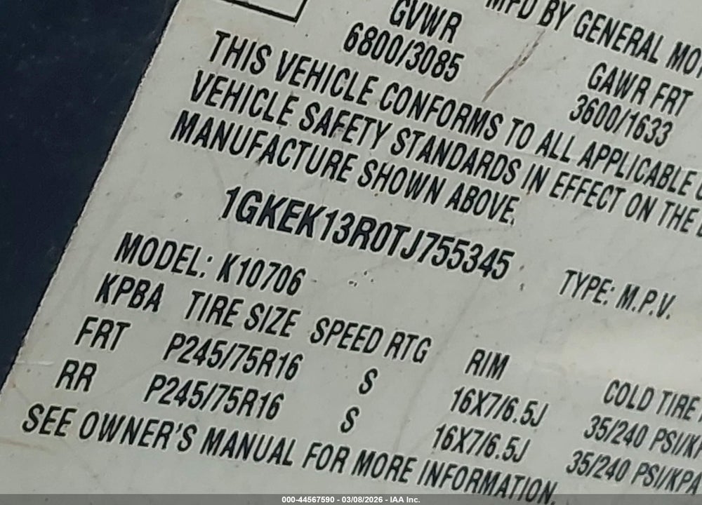 1996 GMC YUKON VIN: 1GKEK13R0TJ755345
