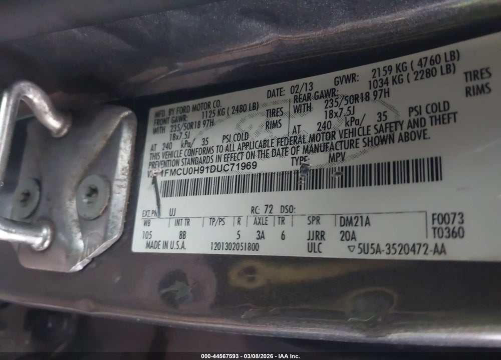 2013 FORD ESCAPE SEL VIN: 1FMCU0H91DUC71969