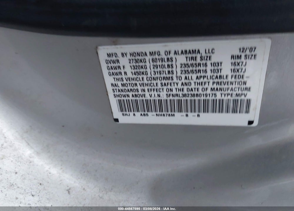 2008 HONDA ODYSSEY LX VIN: 5FNRL38238B019175