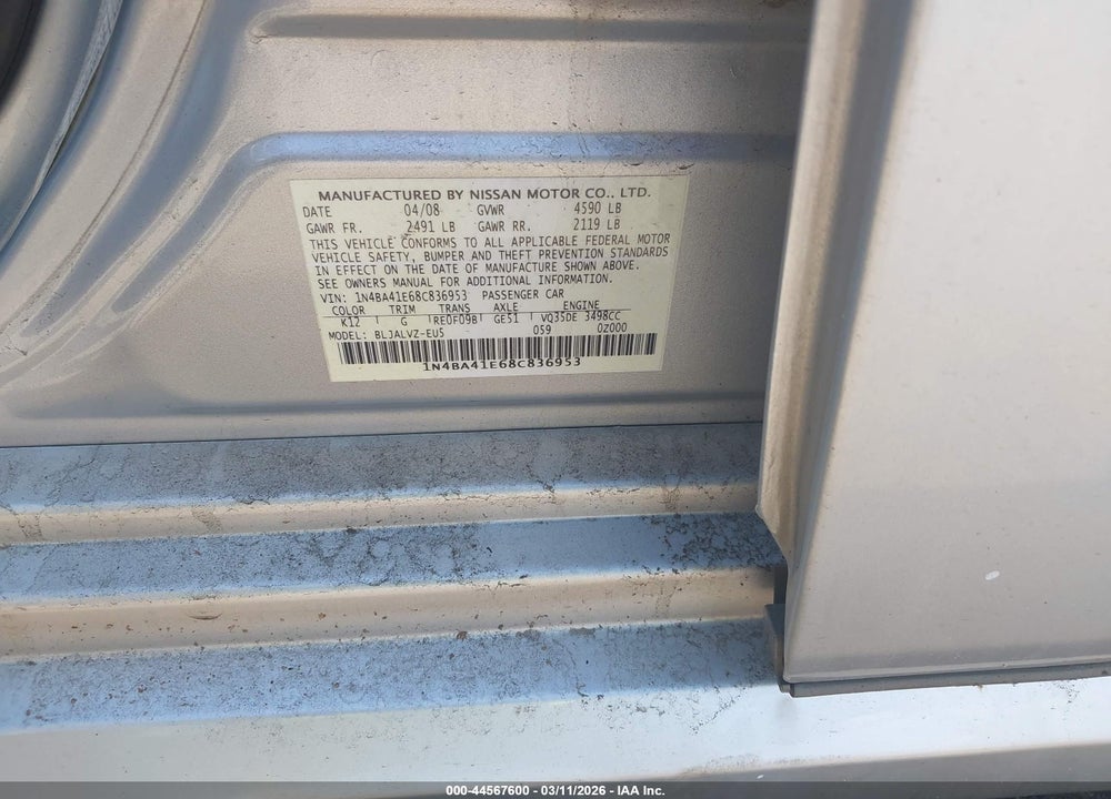 2008 NISSAN MAXIMA 3.5 SE VIN: 1N4BA41E68C836953