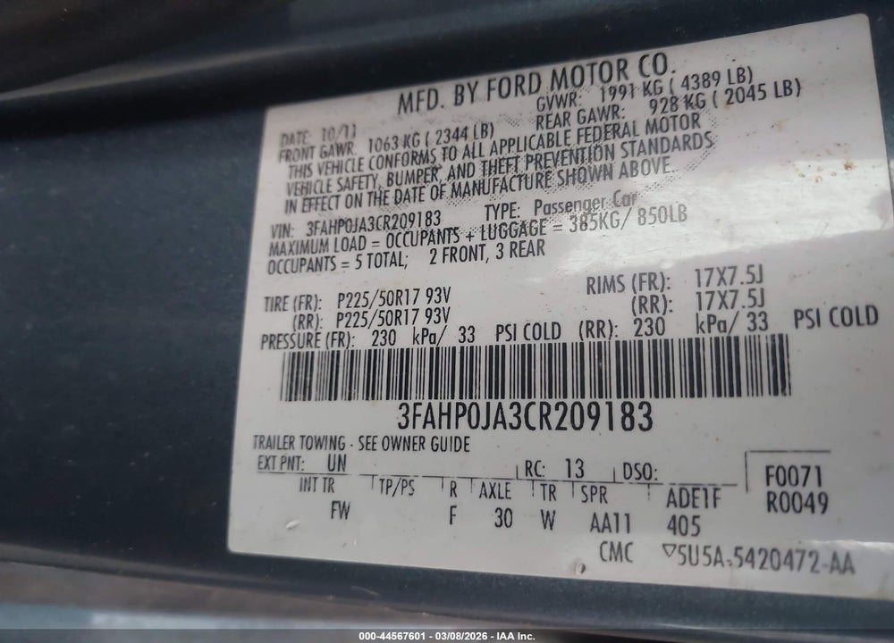 2012 FORD FUSION SEL VIN: 3FAHP0JA3CR209183
