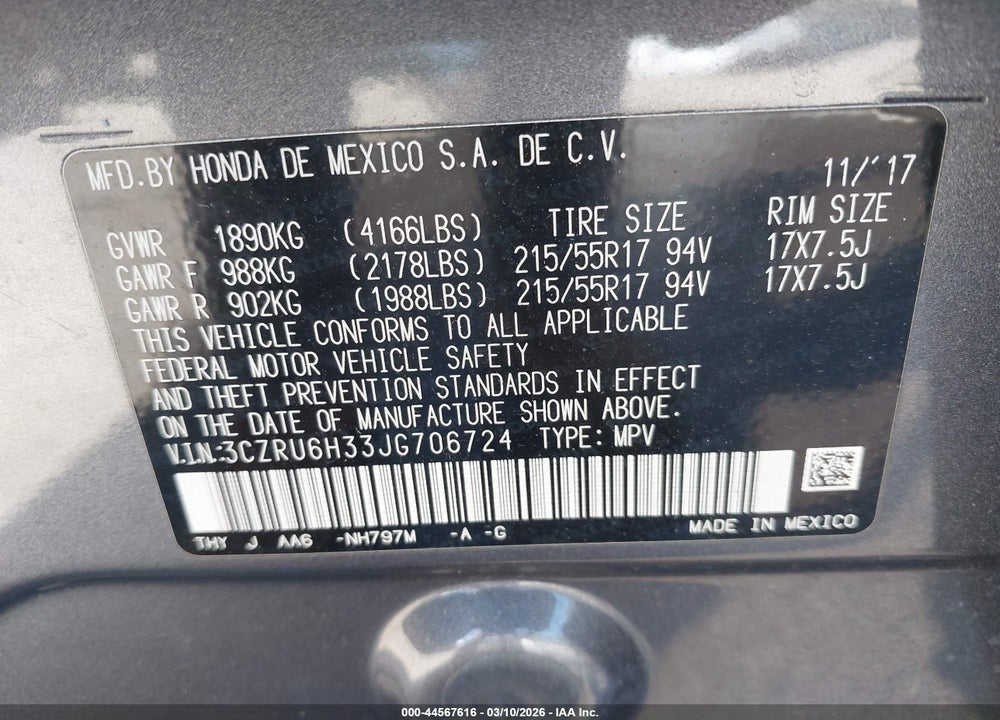 2018 HONDA HR-V LX VIN: 3CZRU6H33JG706724