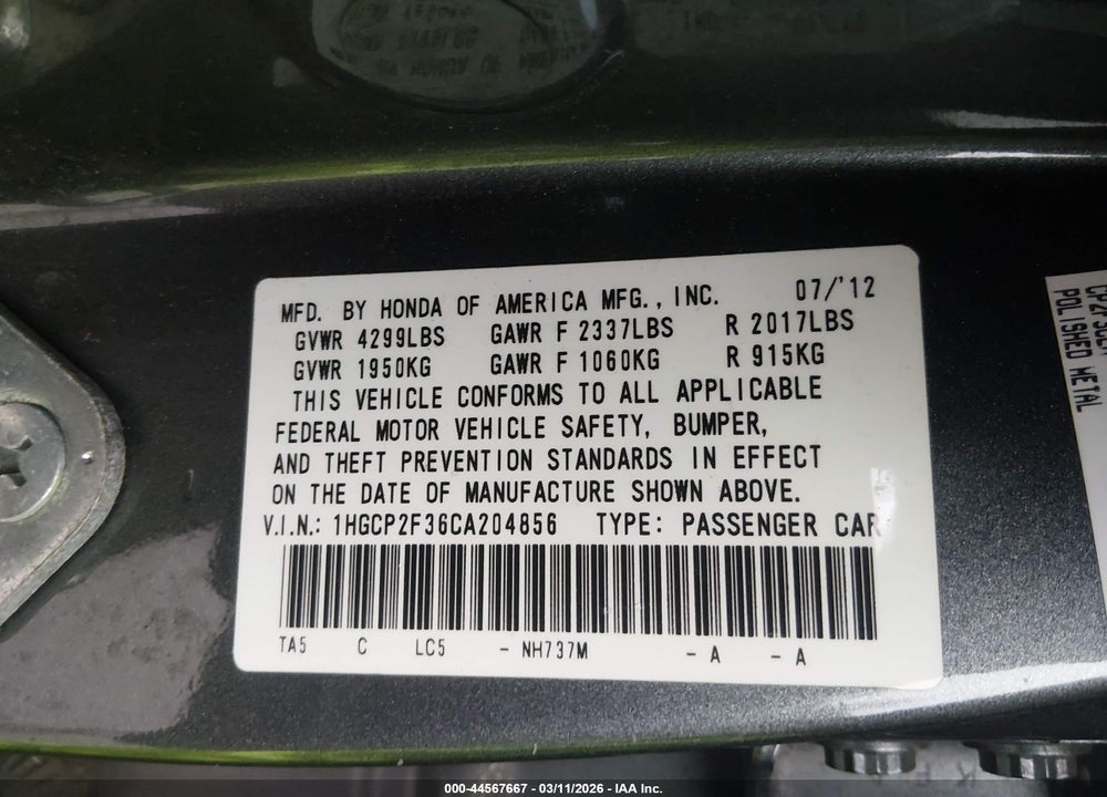2012 HONDA ACCORD 2.4 LX VIN: 1HGCP2F36CA204856