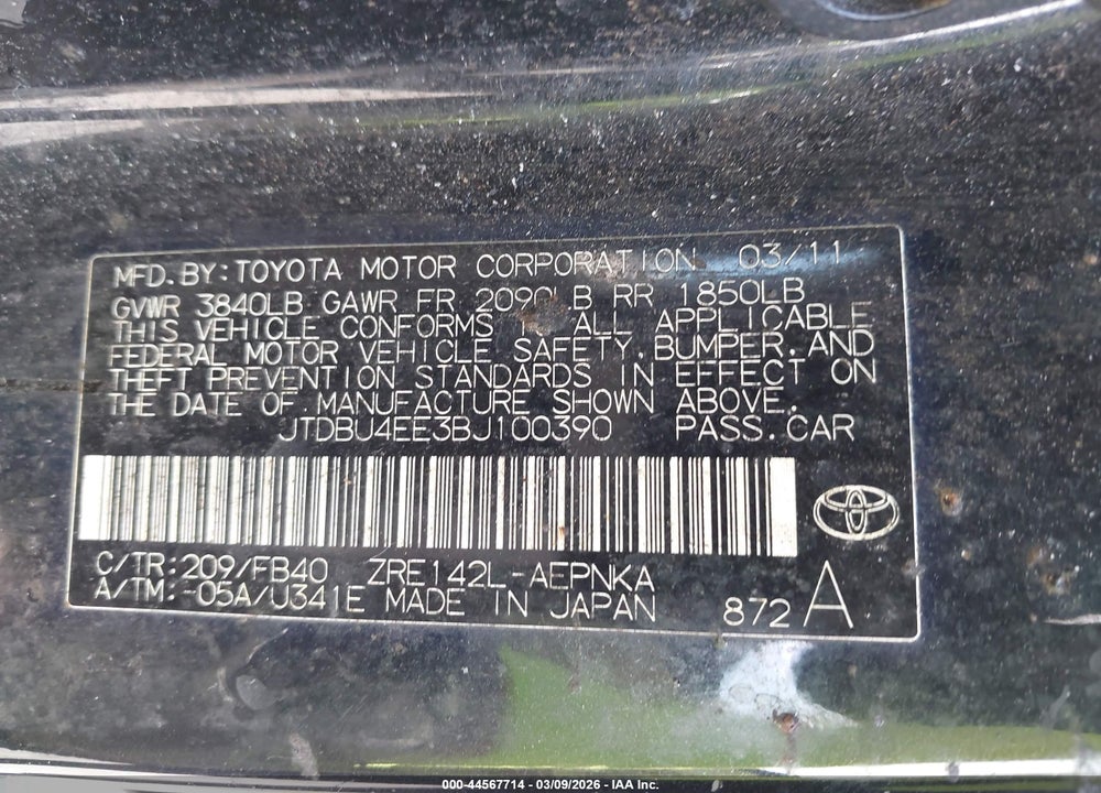 2011 TOYOTA COROLLA LE VIN: JTDBU4EE3BJ100390