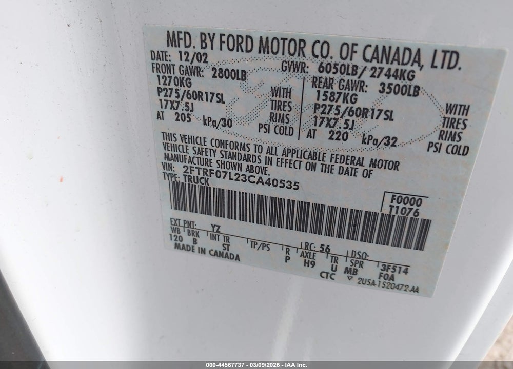 2003 FORD F-150 XL/XLT VIN: 2FTRF07L23CA40535