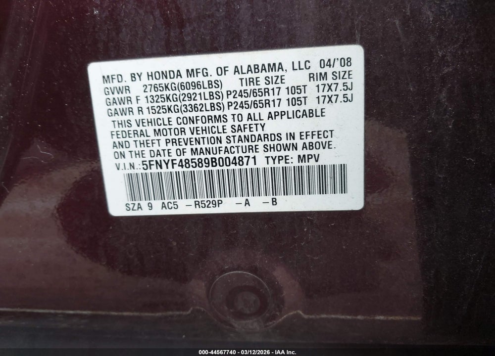 2009 HONDA PILOT EX-L VIN: 5FNYF48589B004871