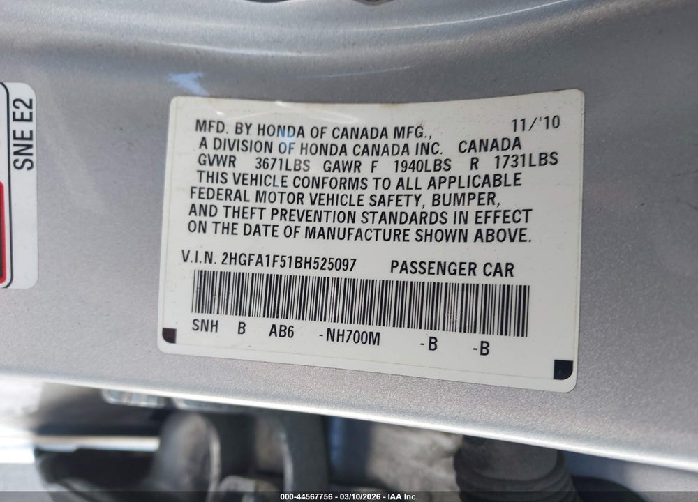 2011 HONDA CIVIC LX VIN: 2HGFA1F51BH525097