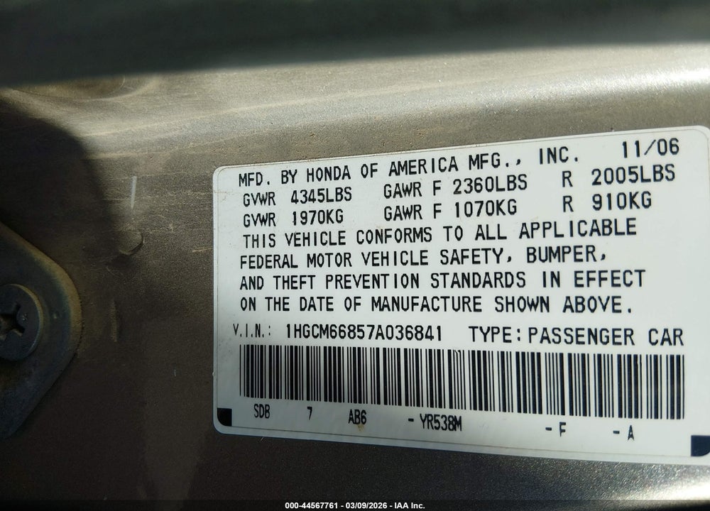 2007 HONDA ACCORD 3.0 EX VIN: 1HGCM66857A036841