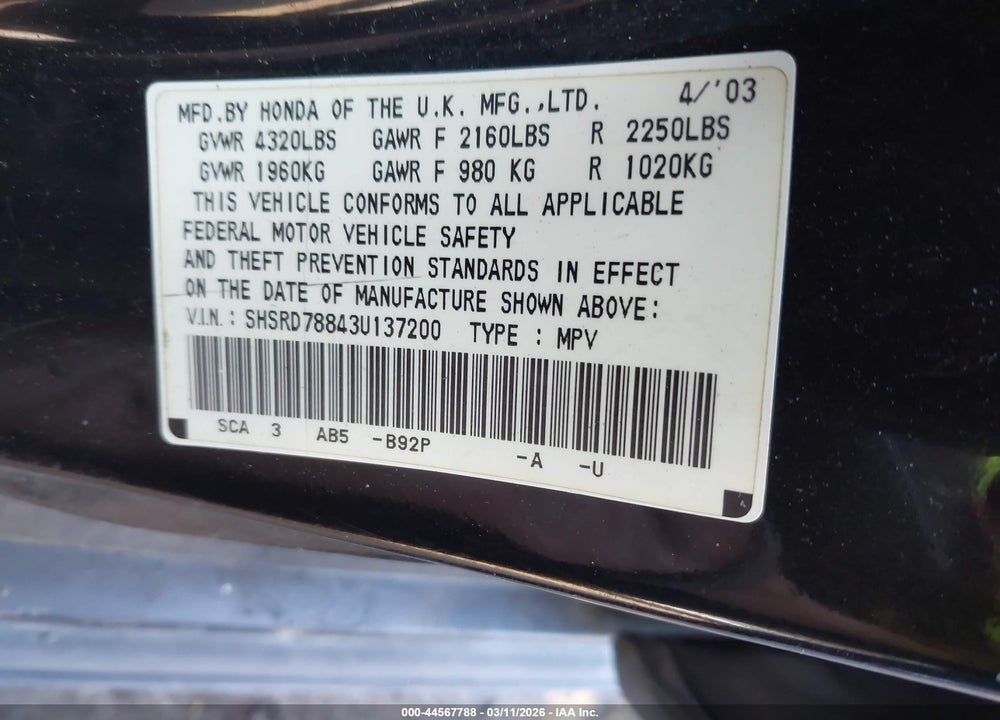 2003 HONDA CR-V EX VIN: SHSRD78843U137200