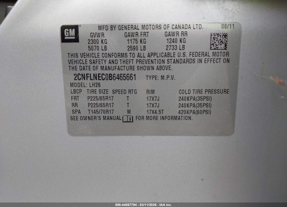 2011 CHEVROLET EQUINOX 2LT VIN: 2CNFLNEC0B6465661