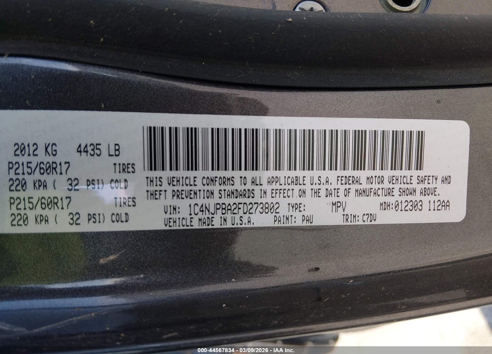 2015 JEEP PATRIOT ALTITUDE EDITION VIN: 1C4NJPBA2FD273802