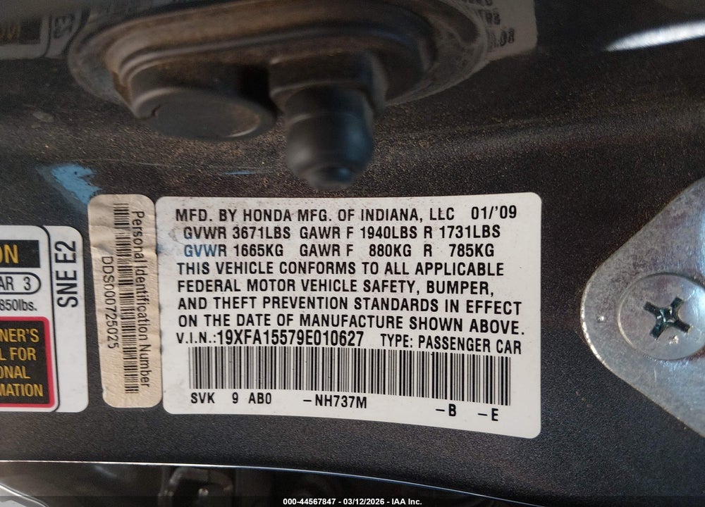 2009 HONDA CIVIC LX VIN: 19XFA15579E010627