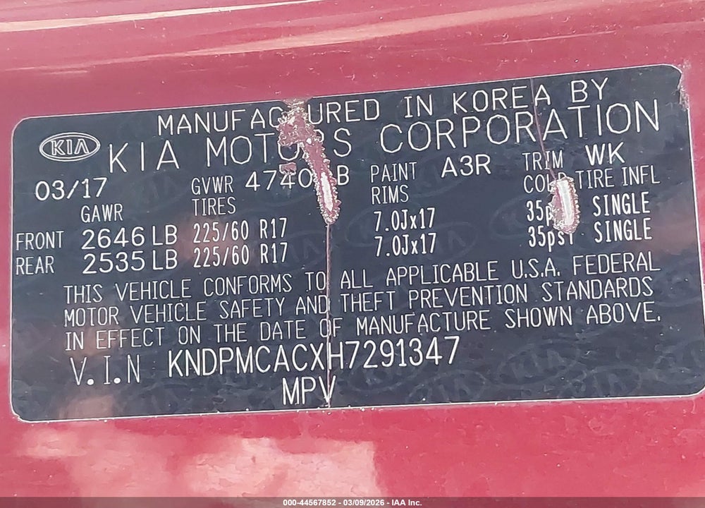 2017 KIA SPORTAGE LX VIN: KNDPMCACXH7291347