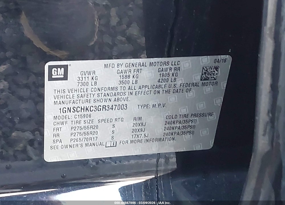 2016 CHEVROLET SUBURBAN LT VIN: 1GNSCHKC3GR347003