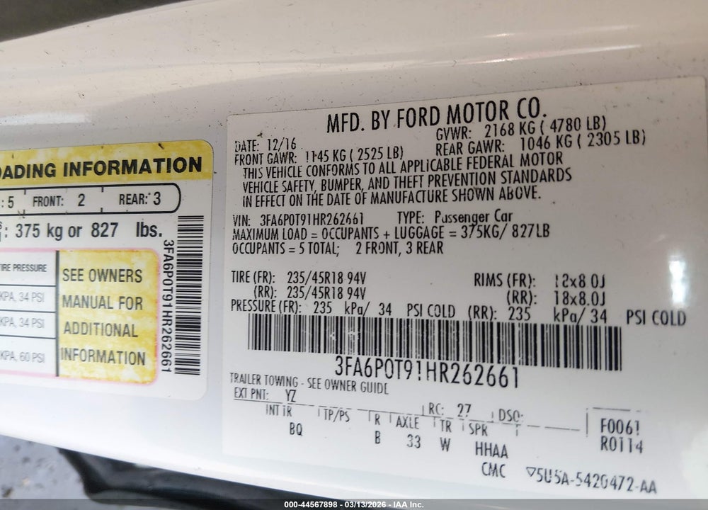2017 FORD FUSION SE VIN: 3FA6P0T91HR262661
