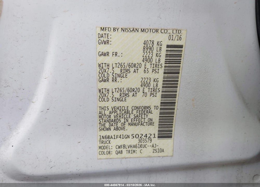 2016 NISSAN TITAN XD SL DIESEL VIN: 1N6BA1F41GN502421
