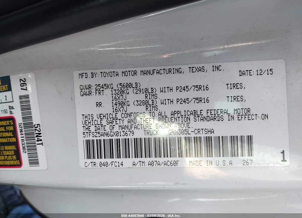 2016 TOYOTA TACOMA SR5 V6 VIN: 5TFSZ5AN6GX013679