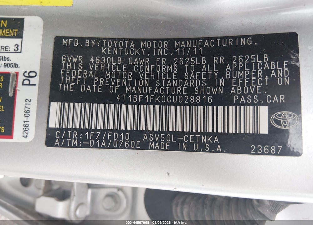2012 TOYOTA CAMRY LE VIN: 4T1BF1FK0CU028816