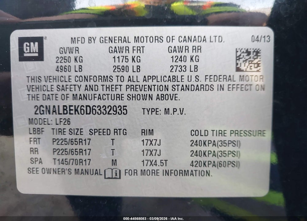 2013 CHEVROLET EQUINOX LS VIN: 2GNALBEK6D6332935