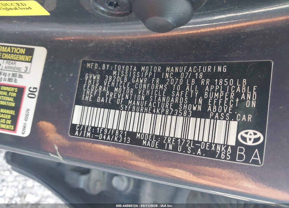 2019 TOYOTA COROLLA LE VIN: 5YFBURHE4KP873583