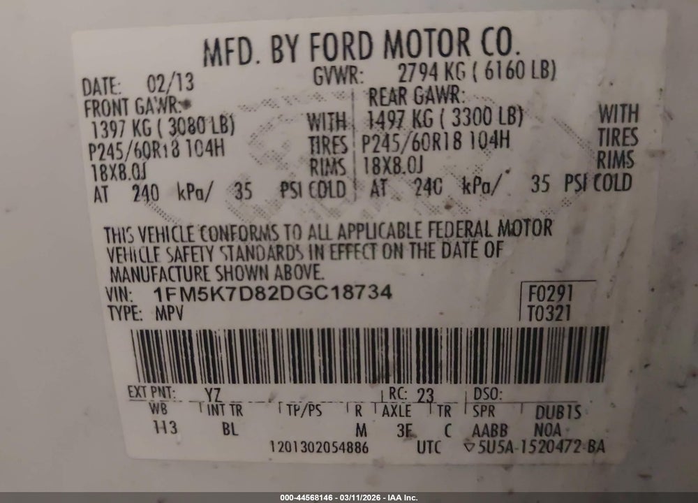 2013 FORD EXPLORER XLT VIN: 1FM5K7D82DGC18734