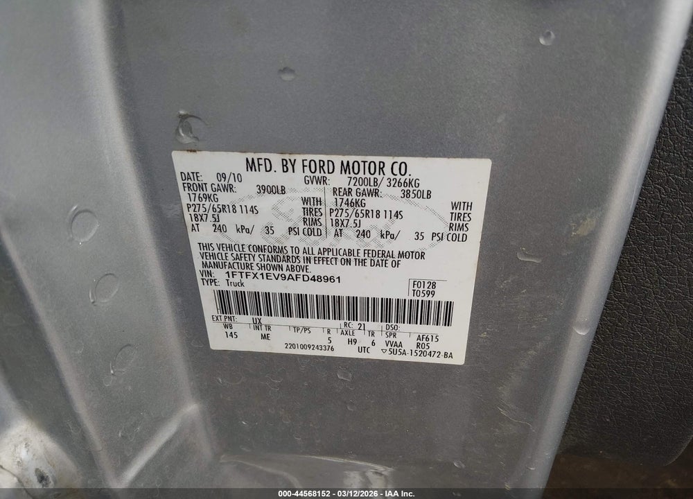 2010 FORD F-150 FX4/LARIAT/XL/XLT VIN: 1FTFX1EV9AFD48961