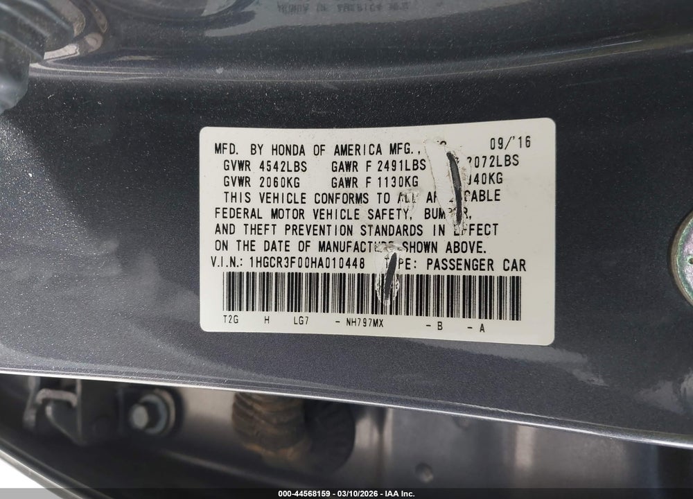 2017 HONDA ACCORD EX-L V6 VIN: 1HGCR3F00HA010448
